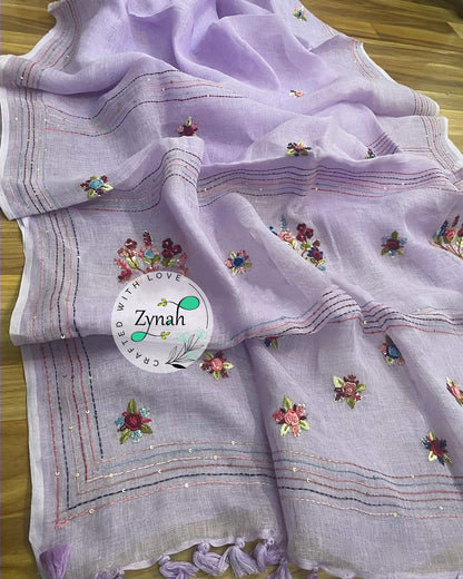 Zynah Pure Linen(120c) Handcrafted Saree with French Knot Hand Embroidery; Custom Stitched/Ready-made Blouse, Fall, Petticoat; Shipping available USA, Worldwide