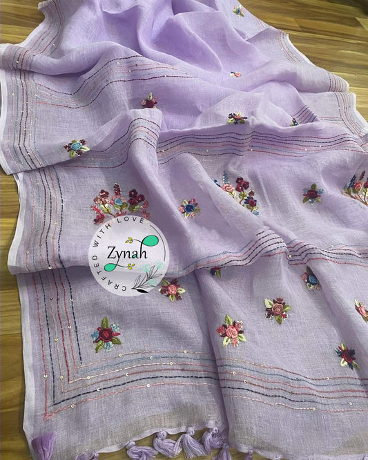 Zynah Pure Linen(120c) Handcrafted Saree with French Knot Hand Embroidery; Custom Stitched/Ready-made Blouse, Fall, Petticoat; Shipping available USA, Worldwide