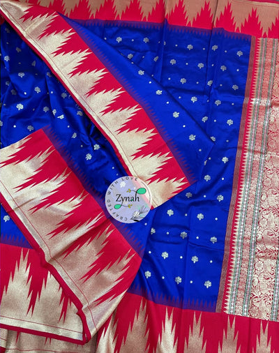 Zynah Pure Banarasi Soft Silk Saree with Temple Design Border; Custom Stitched/Ready-made Blouse, Fall, Petticoat; Shipping available USA, Worldwide