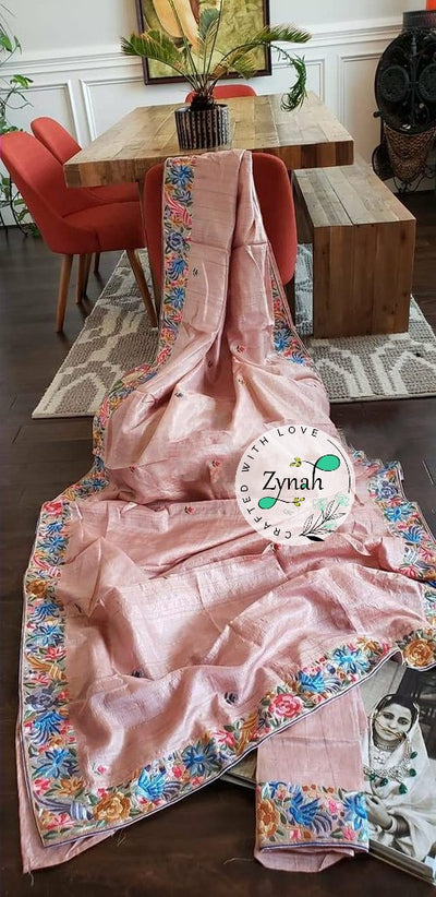 Zynah Made to Order Pure Tussar Silk Parsi Gara Handcrafted Saree; Custom Stitched/Ready-made Blouse, Fall, Petticoat; Shipping available USA, Worldwide
