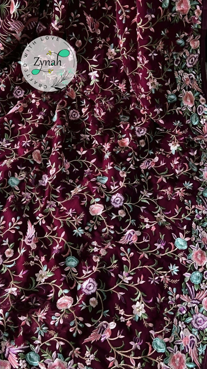 Zynah Pure Georgette Parsi Gara Inspired Embroidery Saree; Custom Stitched/Ready-made Blouse, Fall, Petticoat; Shipping available USA, Worldwide