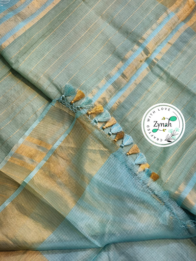 Zynah Sky Blue Color Pure Tussar Kota Silk Saree with Heavy Chikankari Embroidery With Double Ghiccha Pallu and Heavy Tassels; Custom Stitched/Ready-made Blouse, Fall, Petticoat; Shipping available USA, Worldwide