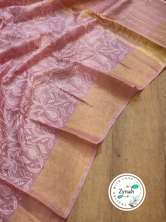Zynah Pink Color Pure Tussar Kota Silk Saree with Heavy Chikankari Embroidery With Double Ghiccha Pallu and Heavy Tassels; Custom Stitched/Ready-made Blouse, Fall, Petticoat; Shipping available USA, Worldwide