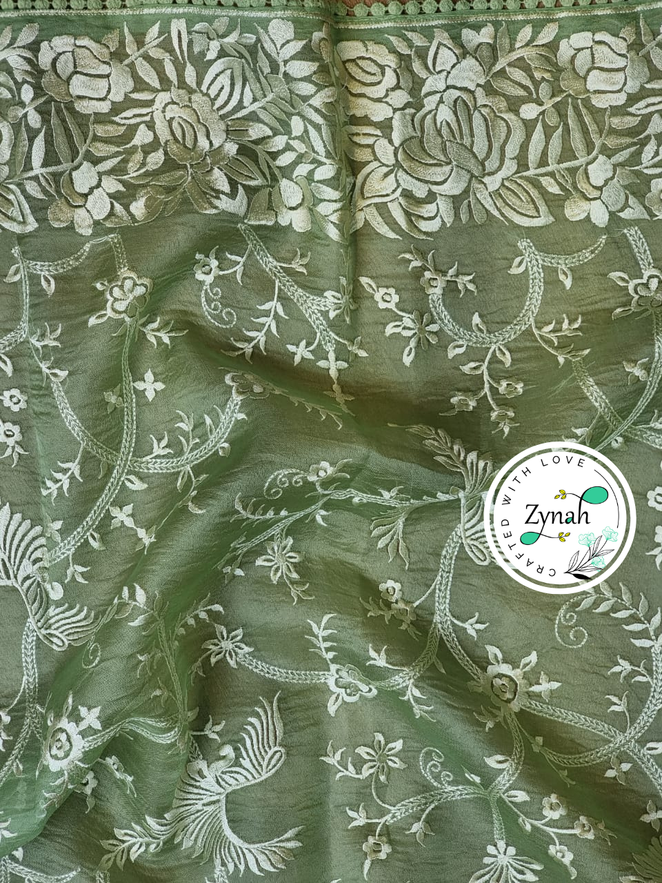 Zynah Green Color Pure Organza Silk Saree with Parsi Gara Inspired Embroidery & Crochet Lace; Custom Stitched/Ready-made Blouse, Fall, Petticoat; Shipping available USA, Worldwide