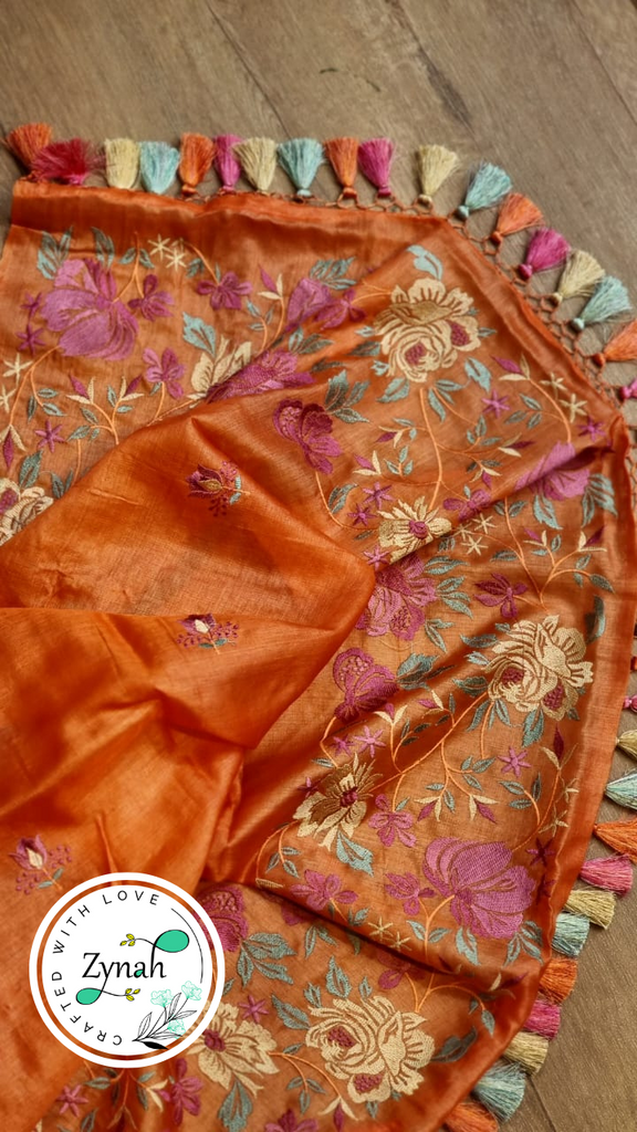 Zynah Orange Color Pure Tussar Silk Embroidered Saree with Vibrant Tassels; Custom Stitched/Ready-made Blouse, Fall, Petticoat; Shipping available USA, Worldwide