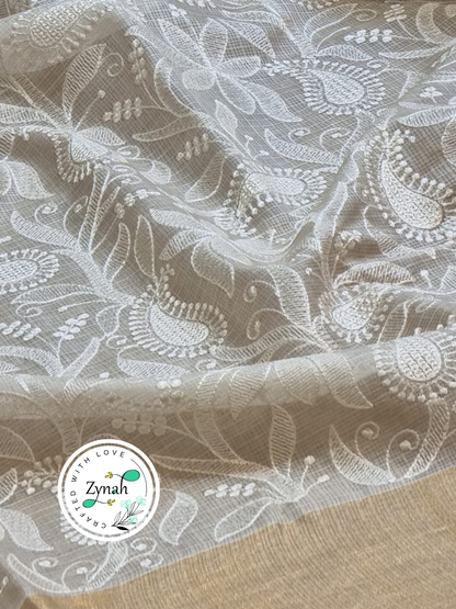 Zynah Off-White Color Pure Tussar Kota Silk Saree with Heavy Chikankari Embroidery With Double Ghiccha Pallu and Heavy Tassels; Custom Stitched/Ready-made Blouse, Fall, Petticoat; Shipping available USA, Worldwide