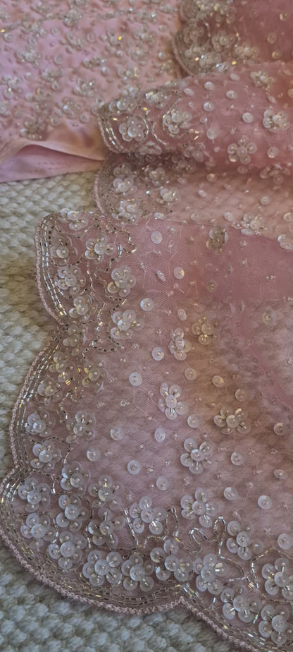 Zynah Baby Pink colored Pure Organza Silk Saree with Sequin, Pearl beads and Cut-dana Handwork; Custom Stitched/Ready-made Blouse, Fall, Petticoat; Shipping available USA, Worldwide