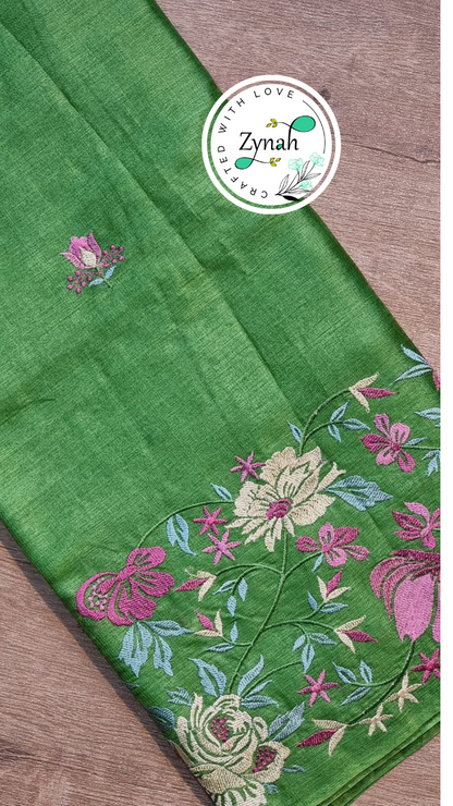 Zynah Green Color Pure Tussar Silk Embroidered Saree with Vibrant Tassels; Custom Stitched/Ready-made Blouse, Fall, Petticoat; Shipping available USA, Worldwide