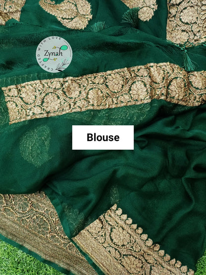 Zynah Pure Banarasi Handloom Khaddi Georgette Saree with Zari Border & Butis; Custom Stitched/Ready-made Blouse, Fall, Petticoat; Shipping available USA, Worldwide