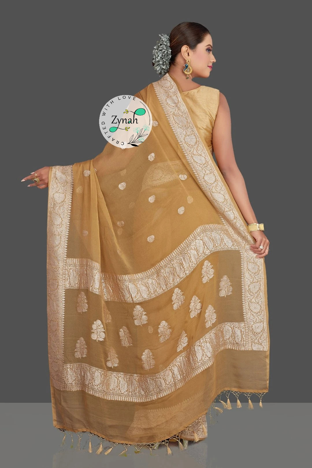 Zynah Pure Banarasi Handloom Khaddi Georgette Saree with Zari Border & Butis; Custom Stitched/Ready-made Blouse, Fall, Petticoat; Shipping available USA, Worldwide
