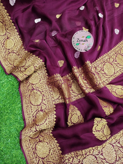 Zynah Pure Banarasi Handloom Khaddi Georgette Saree with Zari Border & Butis; Custom Stitched/Ready-made Blouse, Fall, Petticoat; Shipping available USA, Worldwide