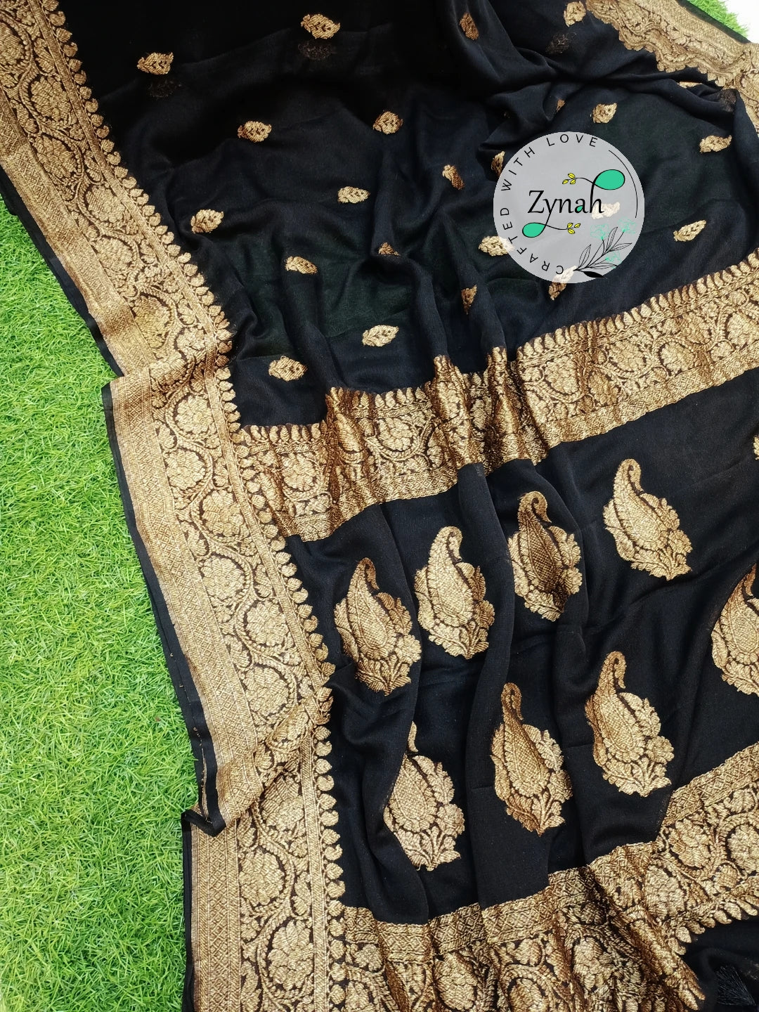 Zynah Pure Banarasi Handloom Khaddi Georgette Saree with Zari Border & Butis; Custom Stitched/Ready-made Blouse, Fall, Petticoat; Shipping available USA, Worldwide