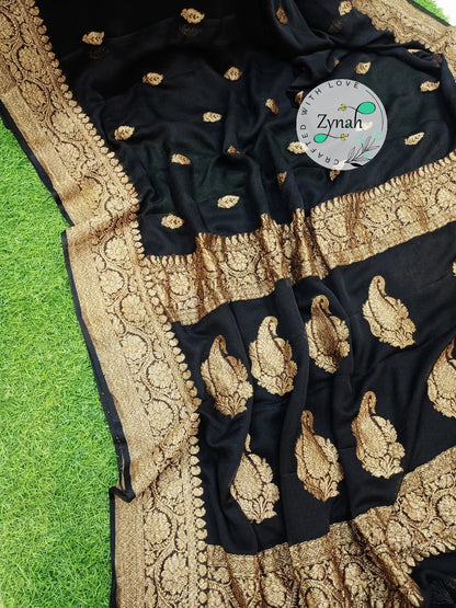 Zynah Pure Banarasi Handloom Khaddi Georgette Saree with Zari Border & Butis; Custom Stitched/Ready-made Blouse, Fall, Petticoat; Shipping available USA, Worldwide