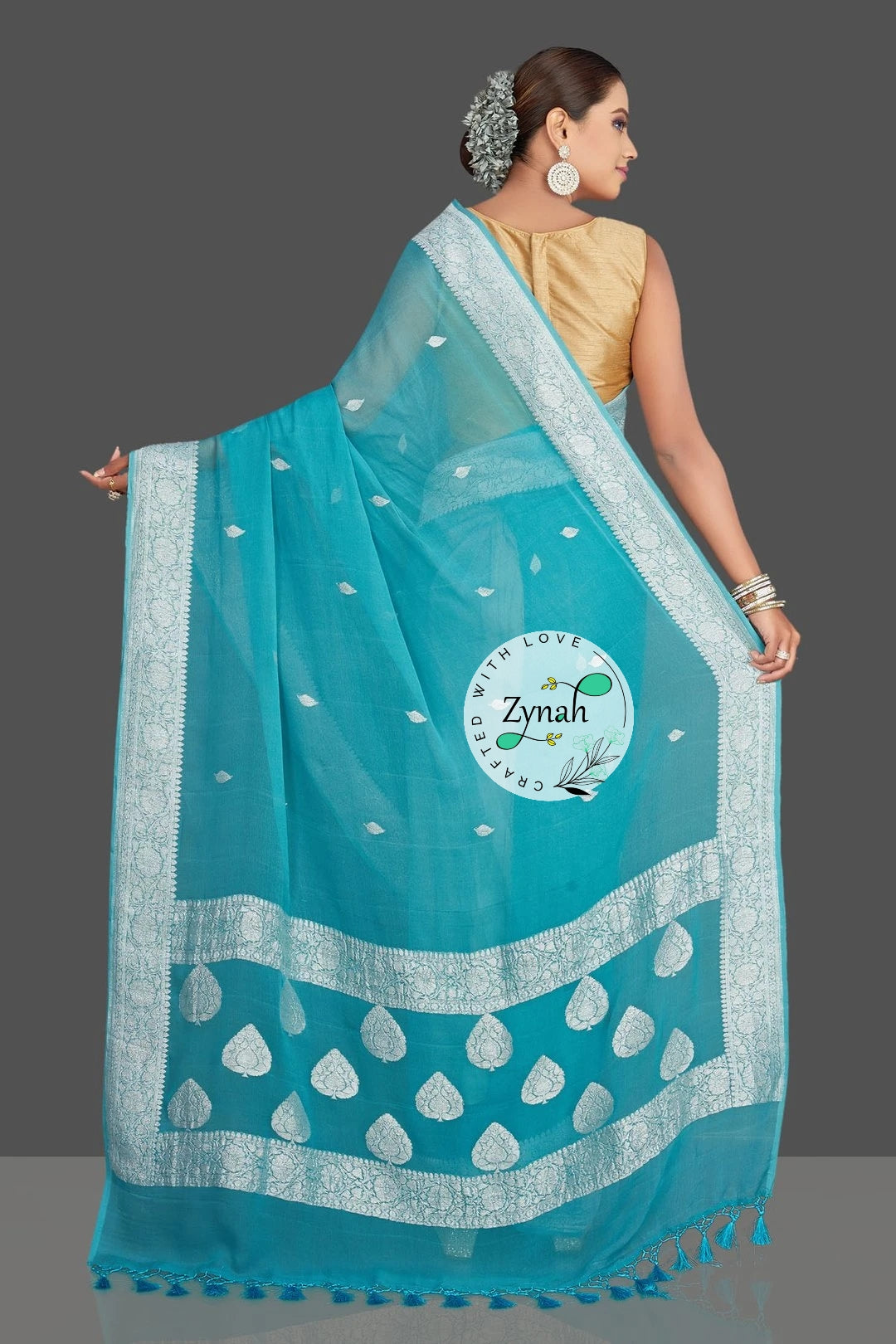 Zynah Pure Banarasi Handloom Khaddi Georgette Saree with Zari Border & Butis; Custom Stitched/Ready-made Blouse, Fall, Petticoat; Shipping available USA, Worldwide