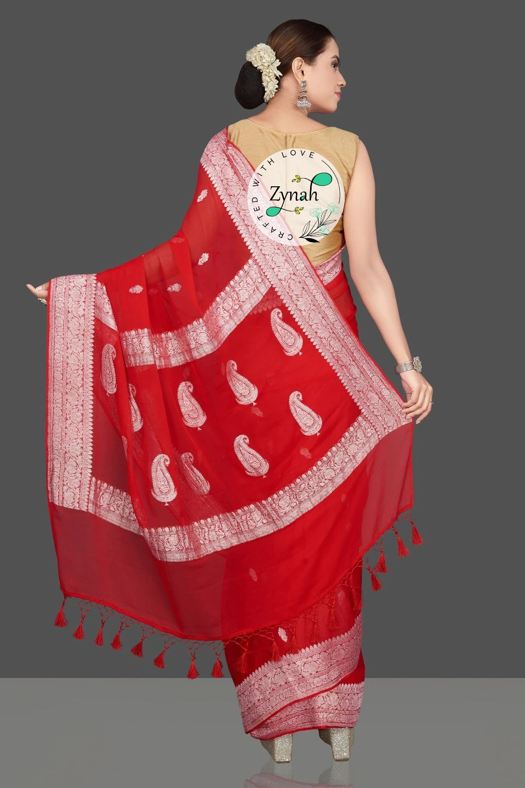 Zynah Pure Banarasi Handloom Khaddi Georgette Saree with Zari Border & Butis; Custom Stitched/Ready-made Blouse, Fall, Petticoat; Shipping available USA, Worldwide