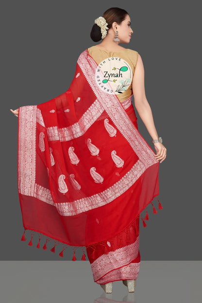 Zynah Pure Banarasi Handloom Khaddi Georgette Saree with Zari Border & Butis; Custom Stitched/Ready-made Blouse, Fall, Petticoat; Shipping available USA, Worldwide