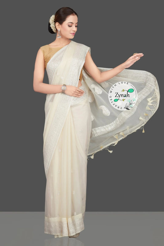 Zynah Pure Banarasi Handloom Khaddi Georgette Saree with Zari Border & Butis; Custom Stitched/Ready-made Blouse, Fall, Petticoat; Shipping available USA, Worldwide