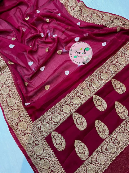 Zynah Pure Banarasi Handloom Khaddi Georgette Saree with Zari Border & Butis; Custom Stitched/Ready-made Blouse, Fall, Petticoat; Shipping available USA, Worldwide