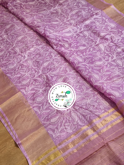 Zynah Violet Color Pure Tussar Kota Silk Saree with Heavy Chikankari Embroidery With Double Ghiccha Pallu and Heavy Tassels; Custom Stitched/Ready-made Blouse, Fall, Petticoat; Shipping available USA, Worldwide