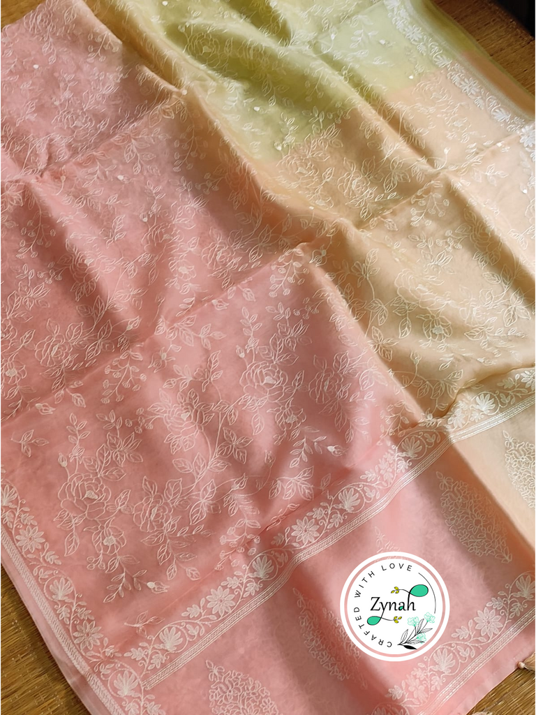Zynah Peach & Cream Color Pure Organza Silk Saree with Chikankari  Embroidery Work in Dual Shades; Available in many colors; stitched readymade blouse,fall,petticoat,available in USA