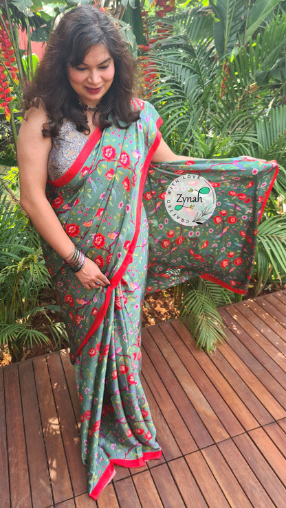 Zynah Pure Satin Silk Saree with Floral Prints; Custom Stitched/Ready-made Blouse, Fall, Petticoat; Shipping available USA, Worldwide