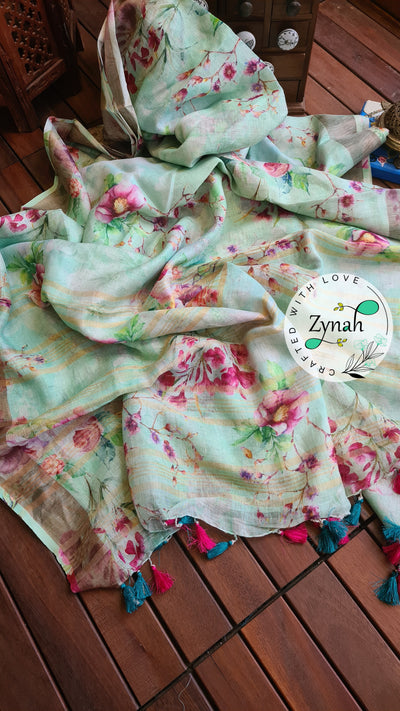 Zynah Organic Pure Linen by Linen(120c) Saree with Digital Floral Prints & Zari Border; Custom Stitched/Ready-made Blouse, Fall, Petticoat; Shipping available USA, Worldwide