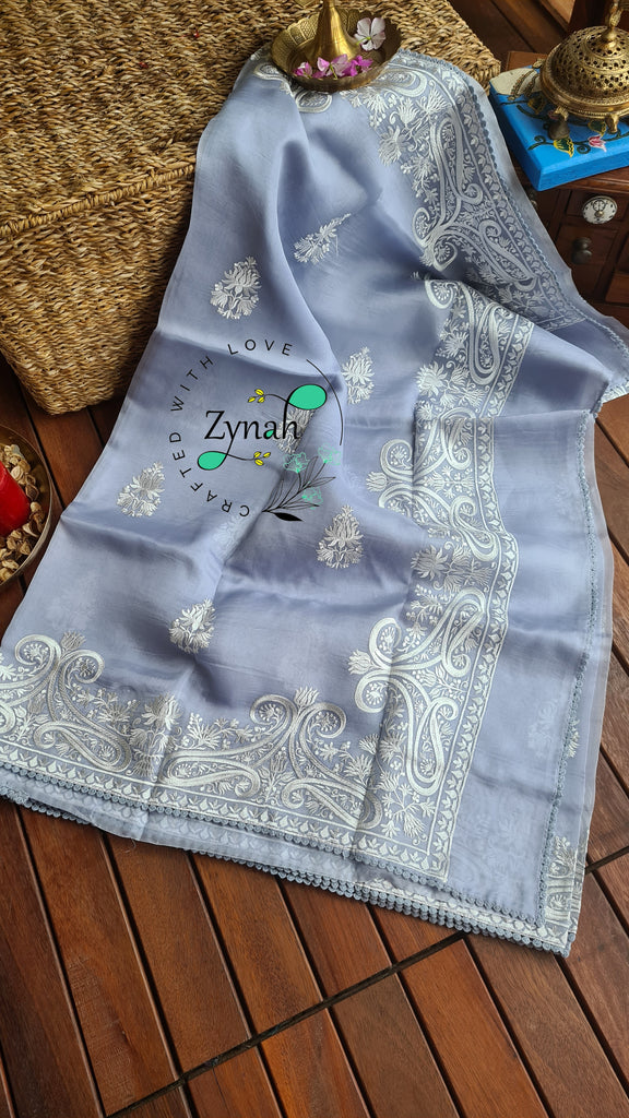Zynah Pure Organza Silk Saree with Thread Embroidery & Crochet lace Border; Custom Stitched/Ready-made Blouse, Fall, Petticoat; Shipping available USA, Worldwide