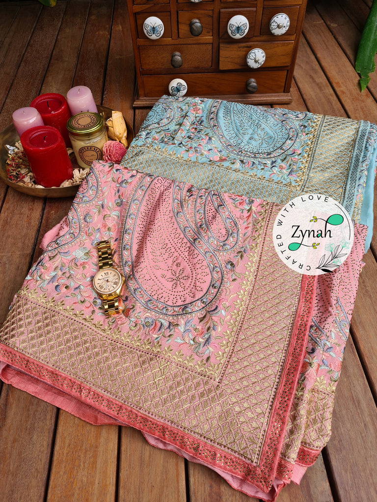 Zynah Pure Chinnon Georgette Kashmiri Kashida Inspired Saree with Hand-embellished Work; Custom Stitched/Ready-made Blouse, Fall, Petticoat; Shipping available USA, Worldwide