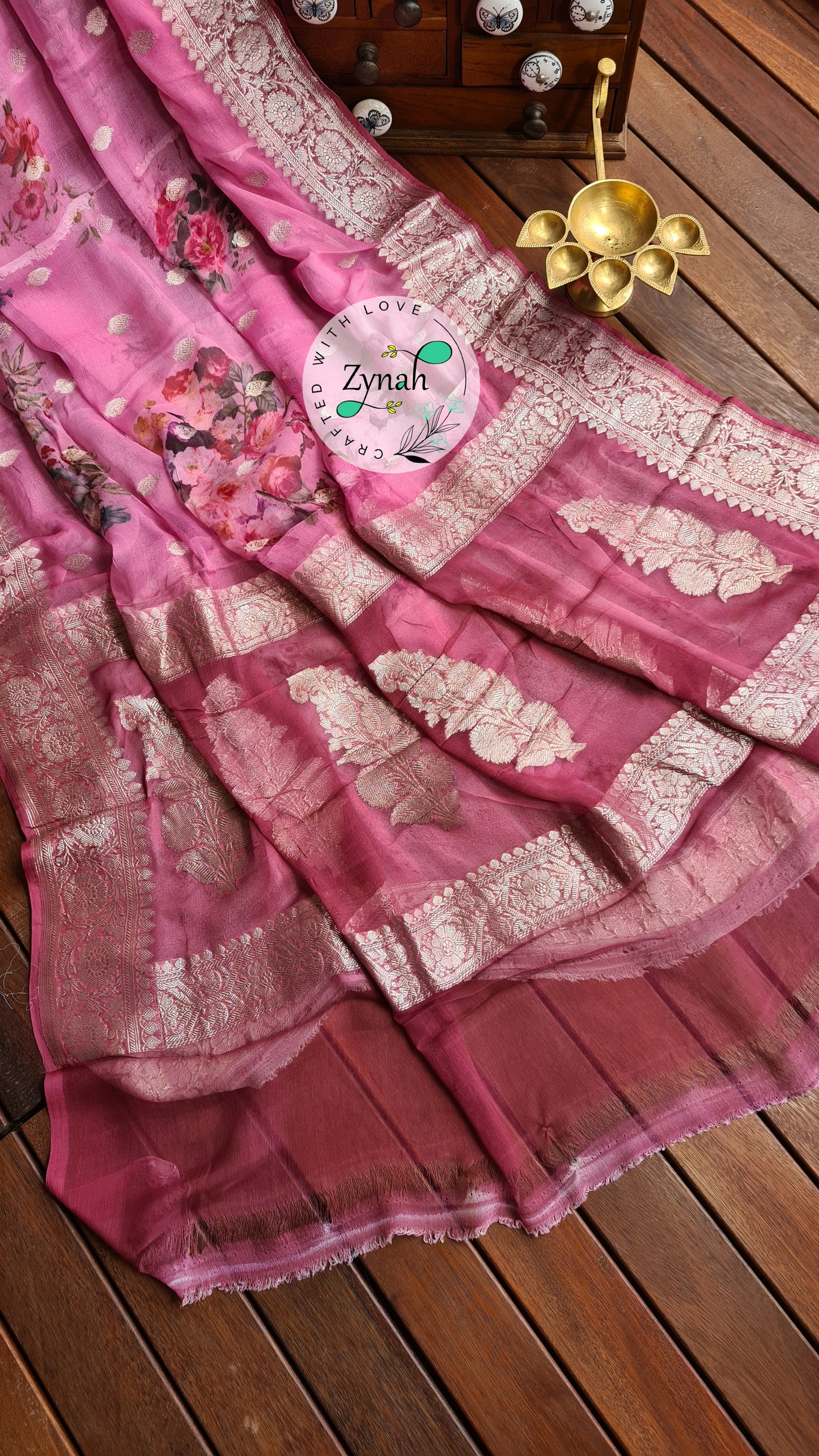 Zynah Pure Khaddi Chiffon Saree with Floral Prints & Silver Zari Weave; Custom Stitched/Ready-made Blouse, Fall, Petticoat; Shipping available USA, Worldwide