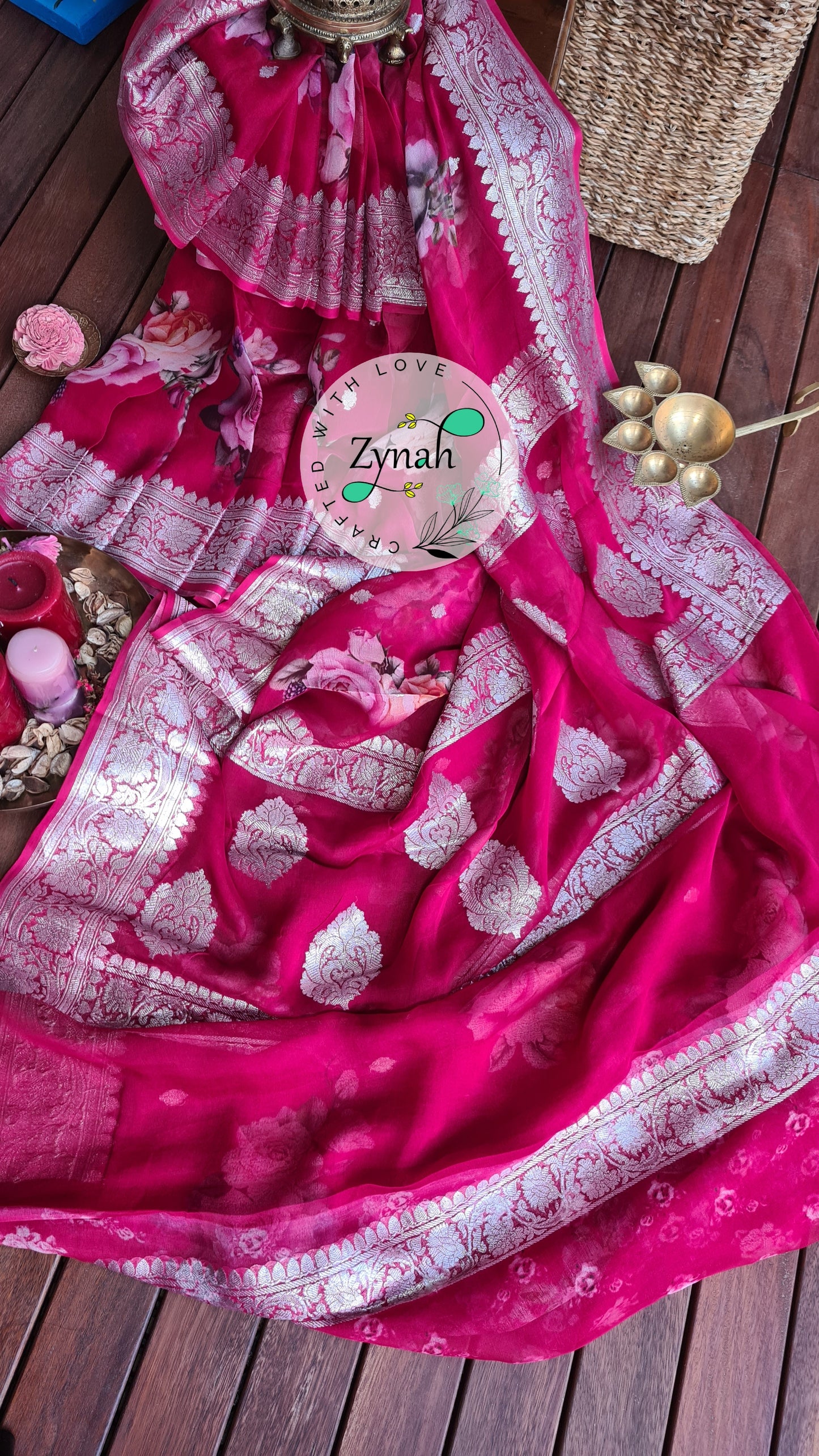 Zynah Pure Khaddi Chiffon Saree with Floral Prints & Silver Zari Weave; Custom Stitched/Ready-made Blouse, Fall, Petticoat; Shipping available USA, Worldwide