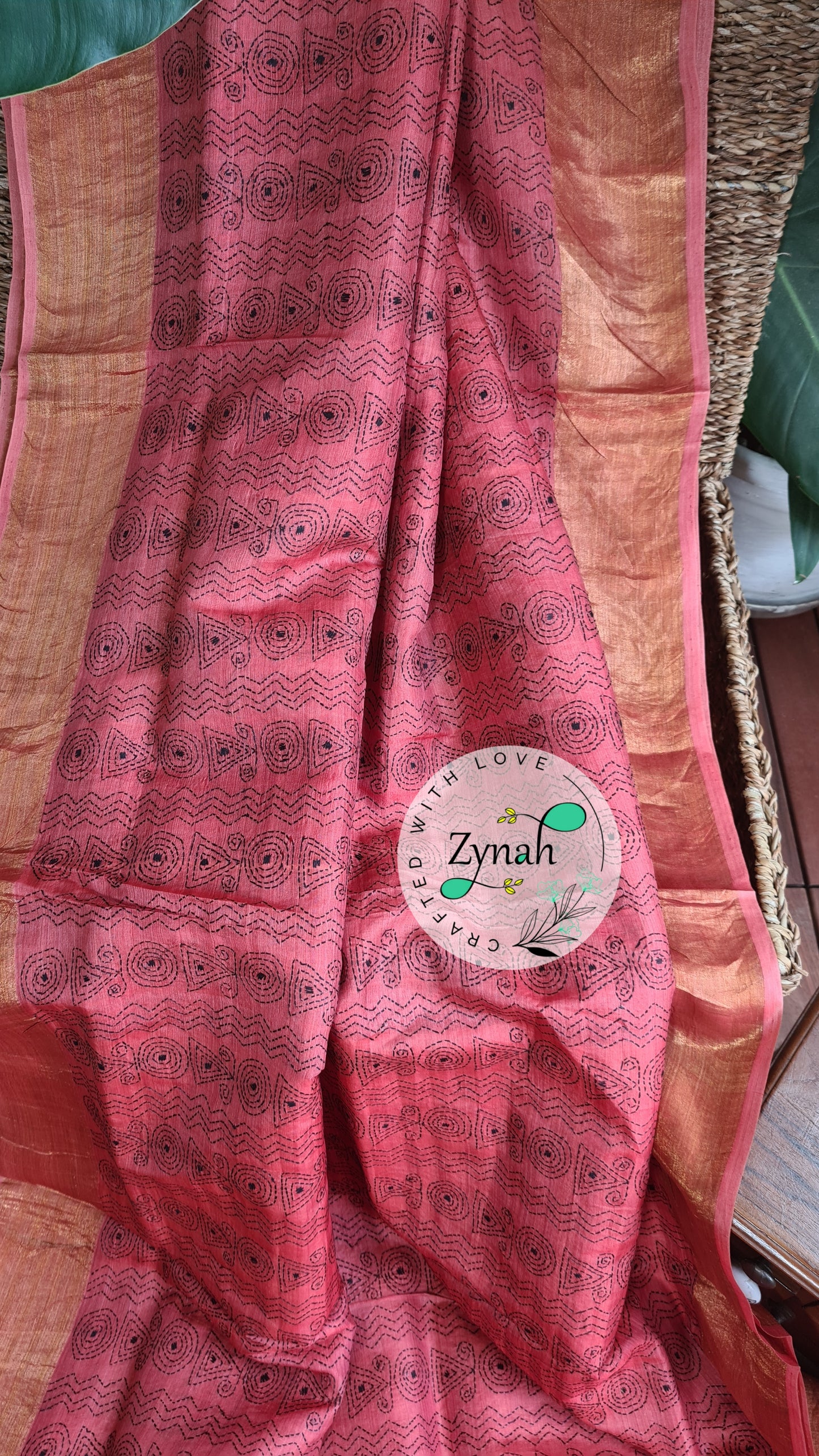 Zynah Handwoven Kantha Silk Saree, Zari Border; Custom Stitched/Ready-made Blouse, Fall, Petticoat; Shipping available USA, Worldwide