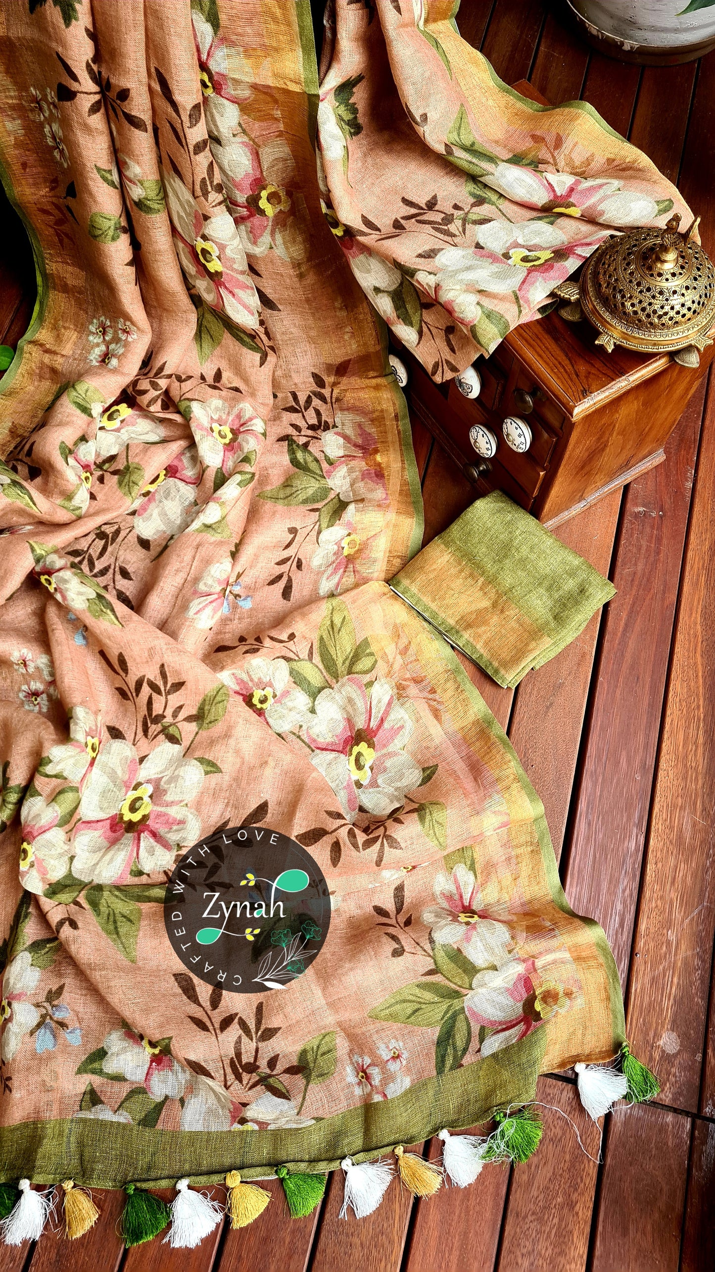 Zynah Organic Pure Linen by Linen(120c) Saree with Digital Floral Prints & Zari Border; Custom Stitched/Ready-made Blouse, Fall, Petticoat; Shipping available USA, Worldwide