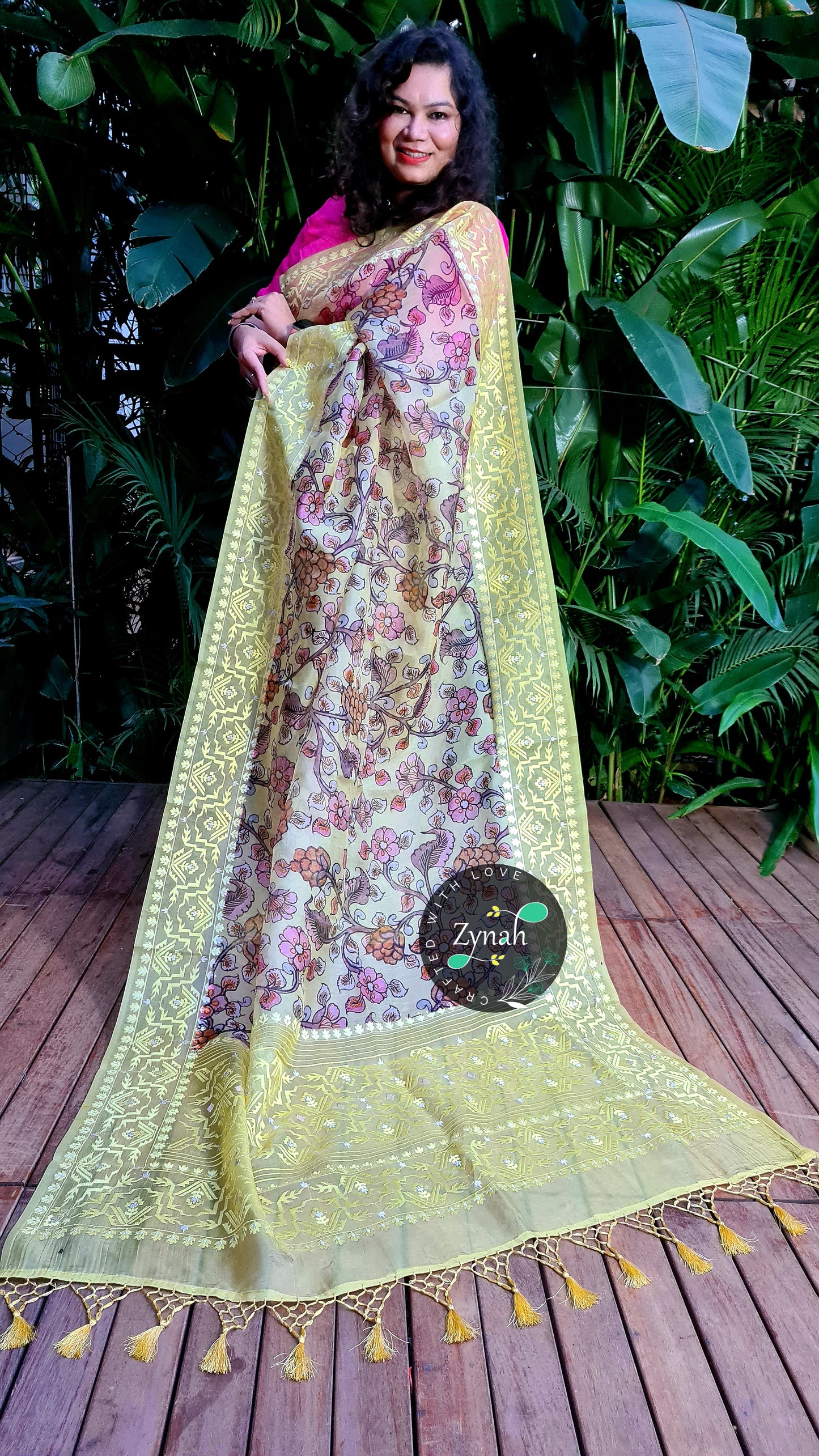 Zynah Pure Organza Silk Kalamkari Saree with Dhakai Jamdhani Thread Embroidery; Custom Stitched/Ready-made Blouse, Fall, Petticoat; Shipping available USA, Worldwide