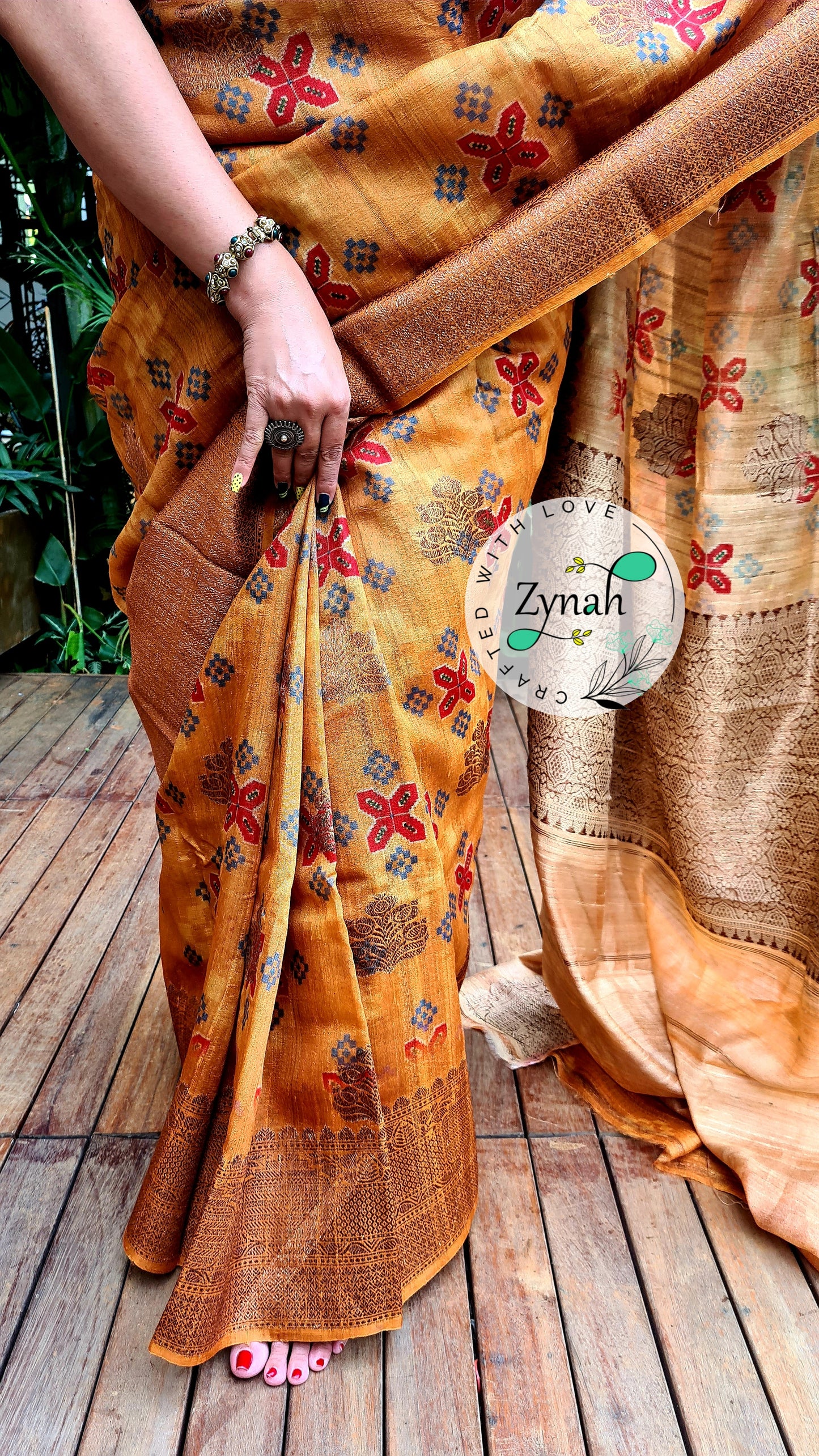 Zynah Pure Tussar Silk Banarasi Patan Patola inspired Saree with Antique zari weave; Custom Stitched/Ready-made Blouse, Fall, Petticoat; Shipping available USA, Worldwide