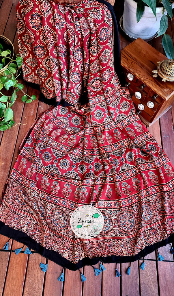 Zynah Pure Modal Silk Ajrakh Saree with Handblock Prints; Custom Stitched/Ready-made Blouse, Fall, Petticoat; Shipping available USA, Worldwide