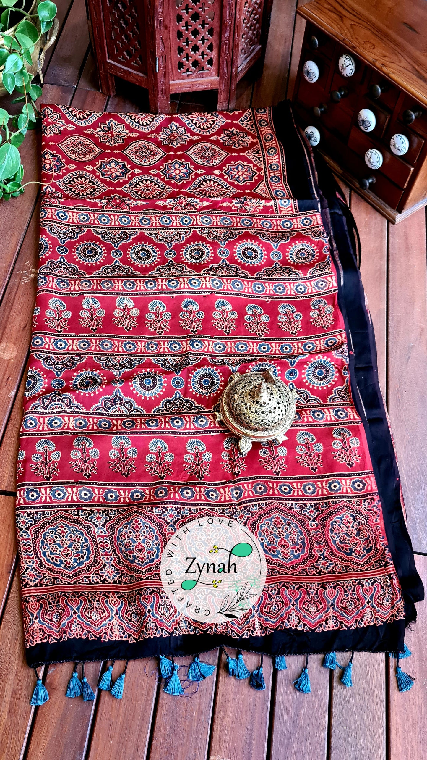 Zynah Pure Modal Silk Ajrakh Saree with Handblock Prints; Custom Stitched/Ready-made Blouse, Fall, Petticoat; Shipping available USA, Worldwide