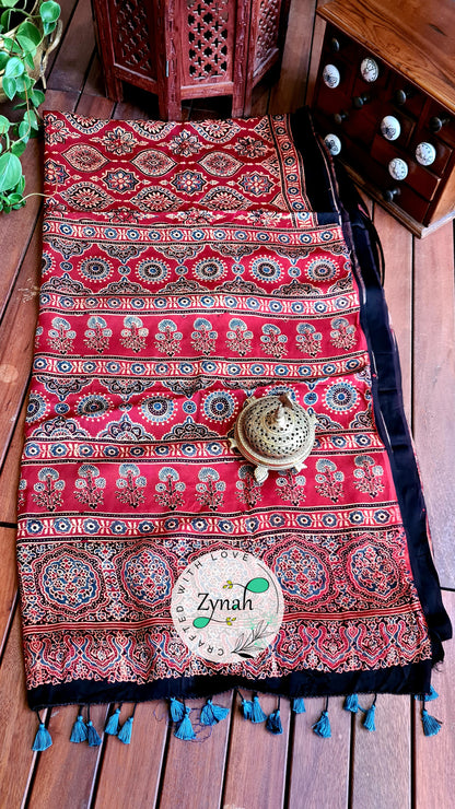 Zynah Pure Modal Silk Ajrakh Saree with Handblock Prints; Custom Stitched/Ready-made Blouse, Fall, Petticoat; Shipping available USA, Worldwide