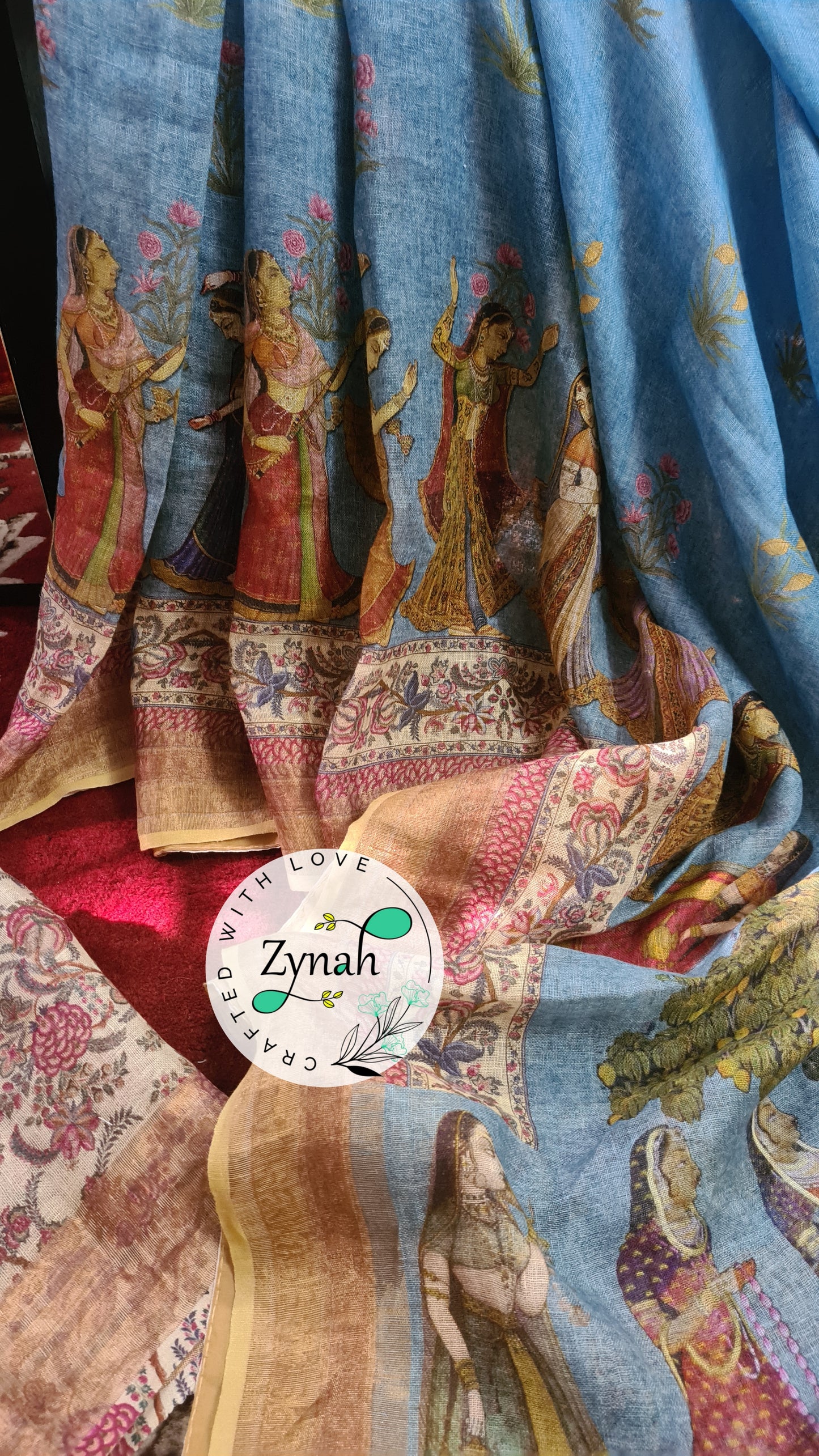 Zynah Organic Pure Linen by Linen(120c) Saree with Digital Kalamkari Prints; Custom Stitched/Ready-made Blouse, Fall, Petticoat; Shipping available USA, Worldwide