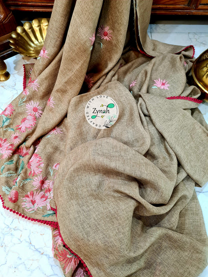 Zynah Pure Jute Muslin Embroidery Saree with Crochet lace; Custom Stitched/Ready-made Blouse, Fall, Petticoat; Shipping available USA, Worldwide