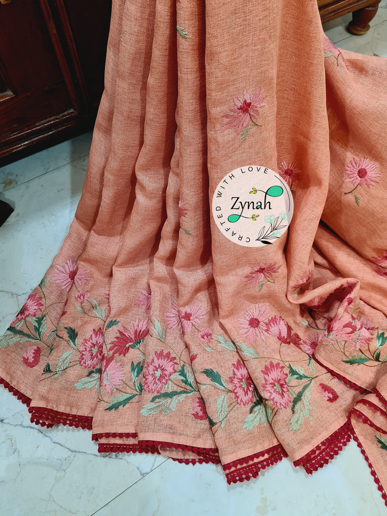 Zynah Pure Jute Muslin Embroidery Saree with Crochet lace; Custom Stitched/Ready-made Blouse, Fall, Petticoat; Shipping available USA, Worldwide