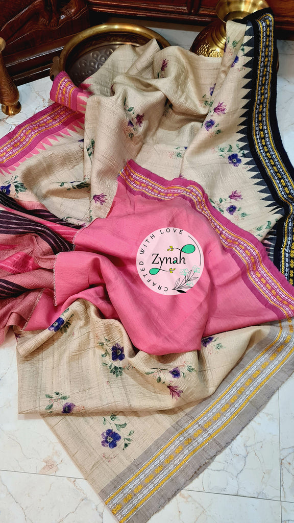 Zynah Pure Vidarbha Tussar Silk Saree with Digital Floral Print, Karvati Kinar & Temple border; Custom Stitched/Ready-made Blouse, Fall, Petticoat; Shipping available USA, Worldwide