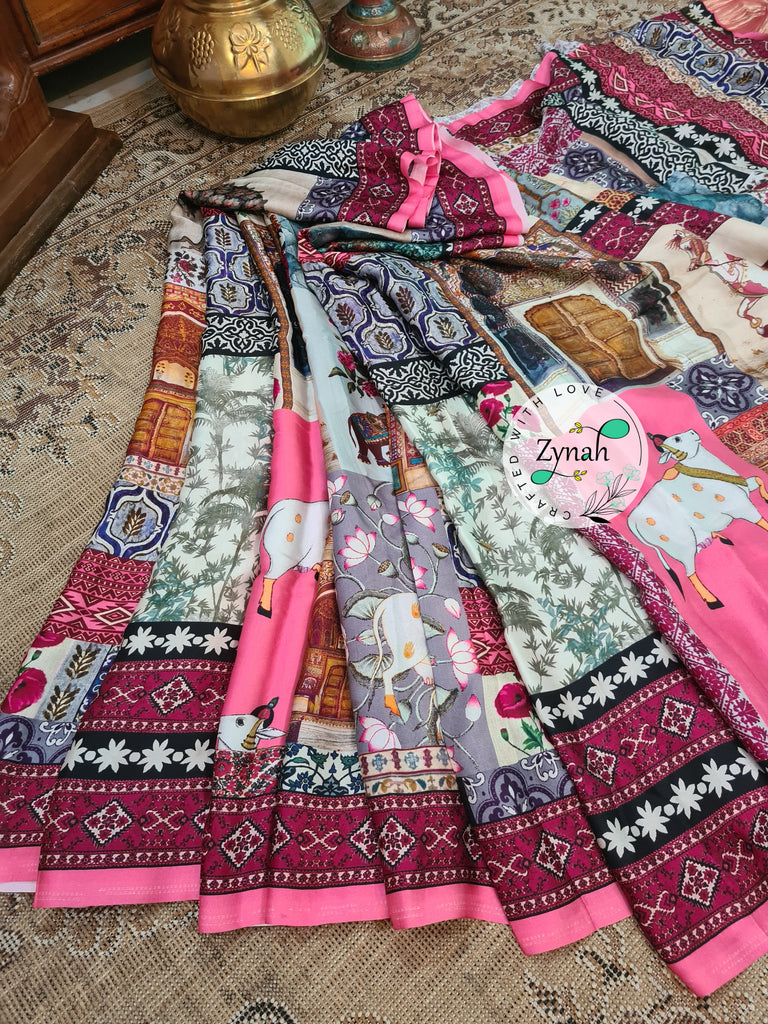 Zynah Pure Gajji Silk Pichwai Print Saree with tissue zari pallu; Custom Stitched/Ready-made Blouse, Fall, Petticoat; Shipping available USA, Worldwide