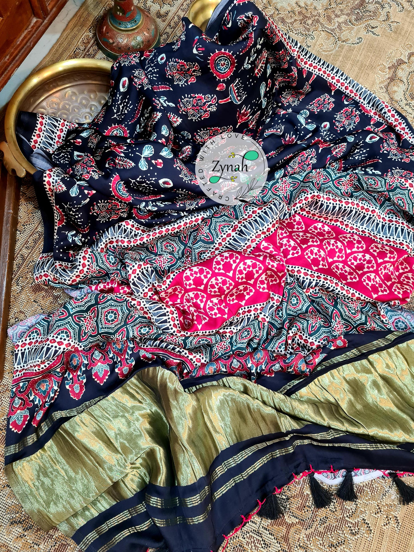 Zynah Pure Gajji Silk Ajrakh Saree with tissue zari pallu & Handblock Printed; Custom Stitched/Ready-made Blouse, Fall, Petticoat; Shipping available USA, Worldwide