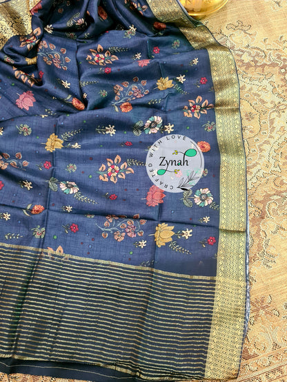 Zynah Pure Munga Silk Saree with Trendy prints & Zari Weave Border; Custom Stitched/Ready-made Blouse, Fall, Petticoat; Shipping available USA, Worldwide