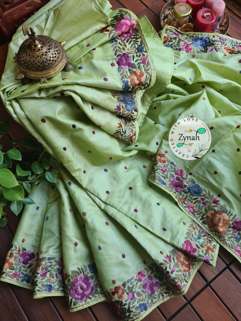Zynah Pure Tussar Silk Parsi Gara Handcrafted Saree; Custom Stitched/Ready-made Blouse, Fall, Petticoat; Shipping available USA, Worldwide