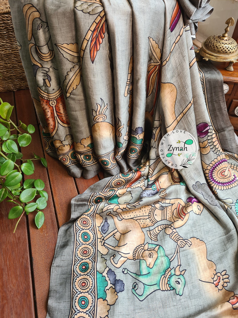 Zynah Pure Gajji Silk Tribal Kalamkari Printed Saree with Tissue Zari Pallu; Custom Stitched/Ready-made Blouse, Fall, Petticoat; Shipping available USA, Worldwide