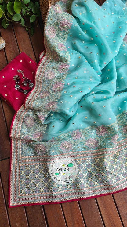 Zynah Pure Organza Silk Saree with Foil Mirror Work & Thread Embroidery; Custom Stitched/Ready-made Blouse, Fall, Petticoat; Shipping available USA, Worldwide