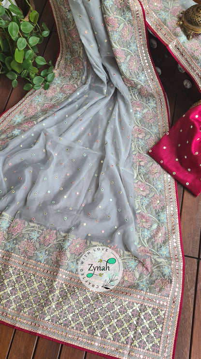 Zynah Pure Organza Silk Saree with Foil Mirror Work & Thread Embroidery; Custom Stitched/Ready-made Blouse, Fall, Petticoat; Shipping available USA, Worldwide