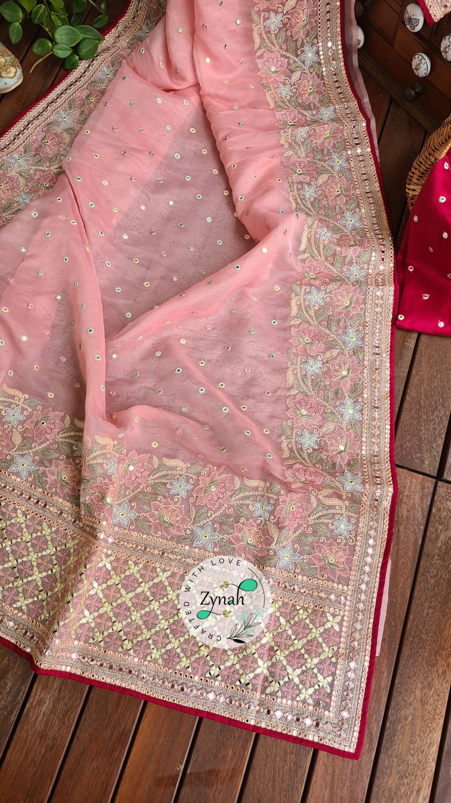 Zynah Pure Organza Silk Saree with Foil Mirror Work & Thread Embroidery; Custom Stitched/Ready-made Blouse, Fall, Petticoat; Shipping available USA, Worldwide
