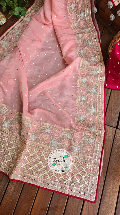 Zynah Pure Organza Silk Saree with Foil Mirror Work & Thread Embroidery; Custom Stitched/Ready-made Blouse, Fall, Petticoat; Shipping available USA, Worldwide